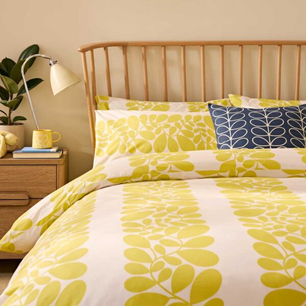 Orla Kiely Sycamore Stripe Yellow Duvet Cover Set Close Up Image Showing Pillowcases