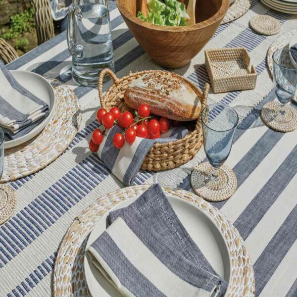Walton & Co Wide Stripe Flint Blue Table Linen Close Up Image