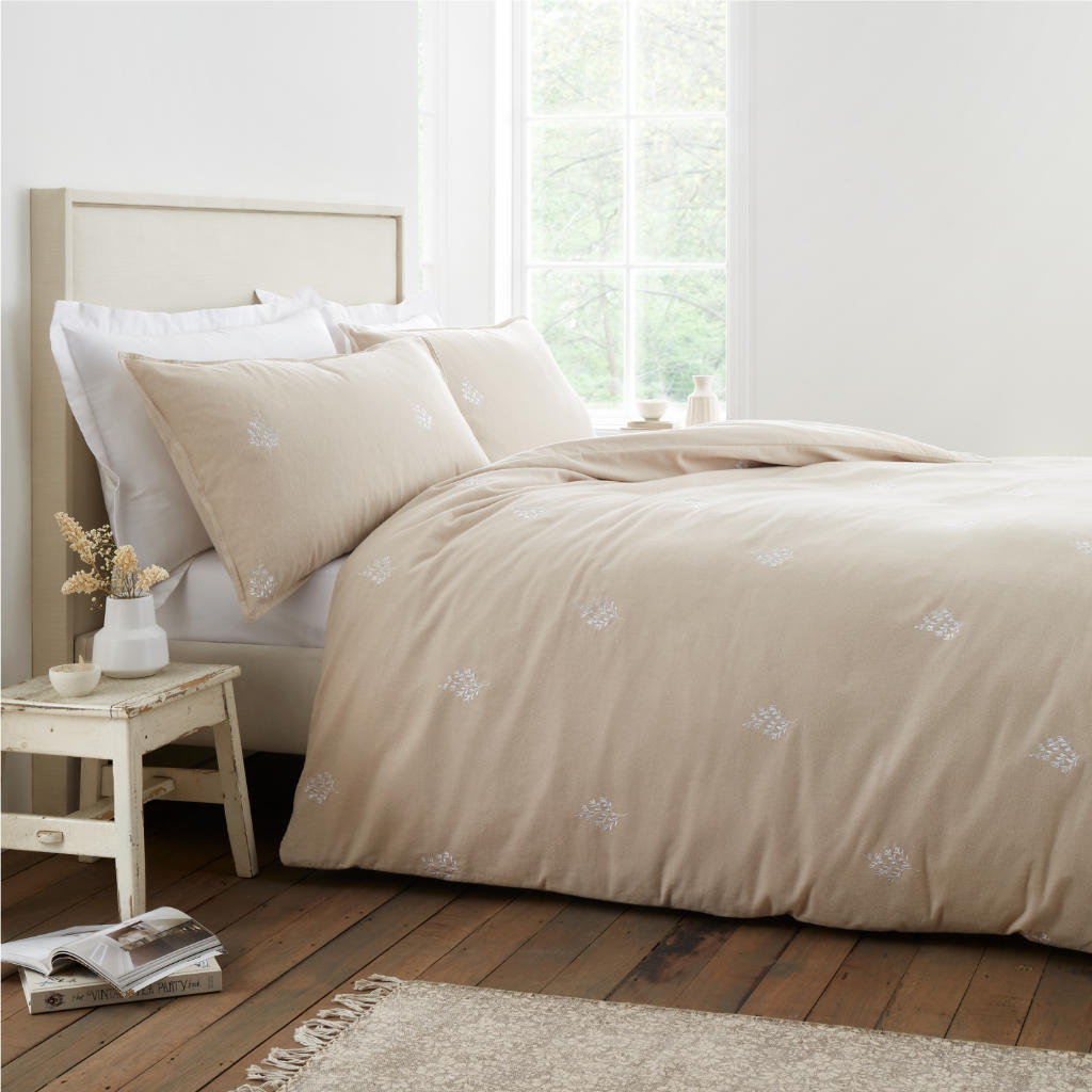 Brushed Embroidery Leaf Bedding Natural Main Image Bianca