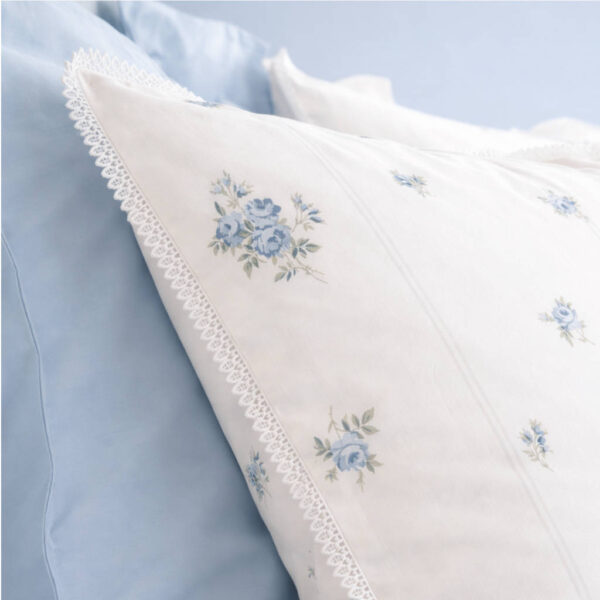 Biance Bedding Vintage Rose Bud Lace Blue Pillowcase Detail Image
