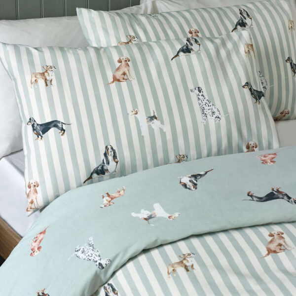 Dog Stripe Green Duvet Cover Set Showing Pillowcases
