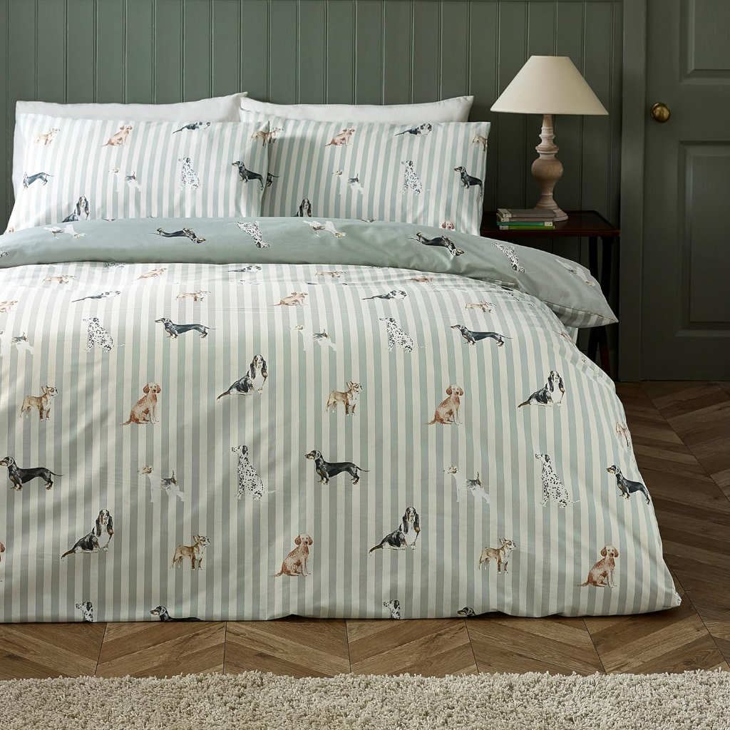 Dog Stripe Green Duvet Cover Set