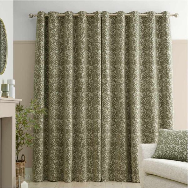 Chenille Leaves Green Curtains Bianca Closed Image