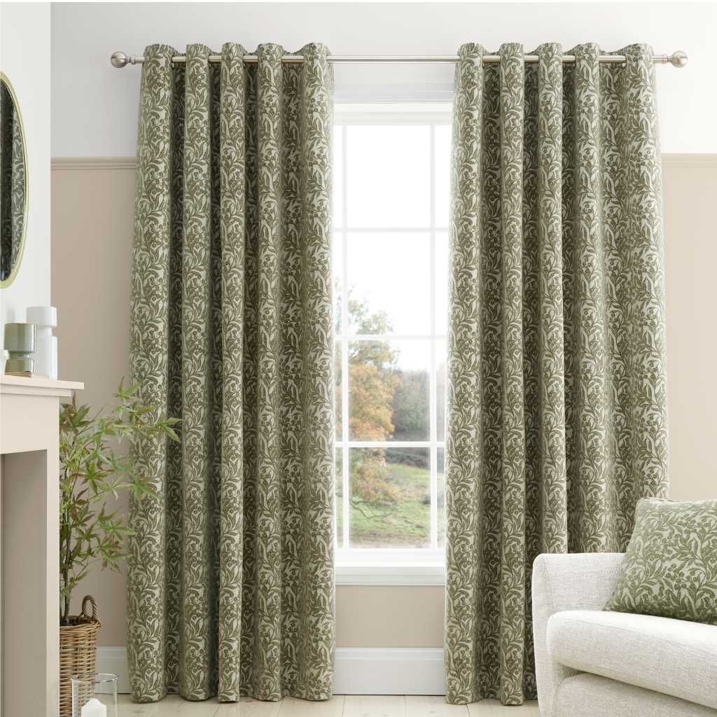Chenille Leaves Green Curtains Bianca Main Image