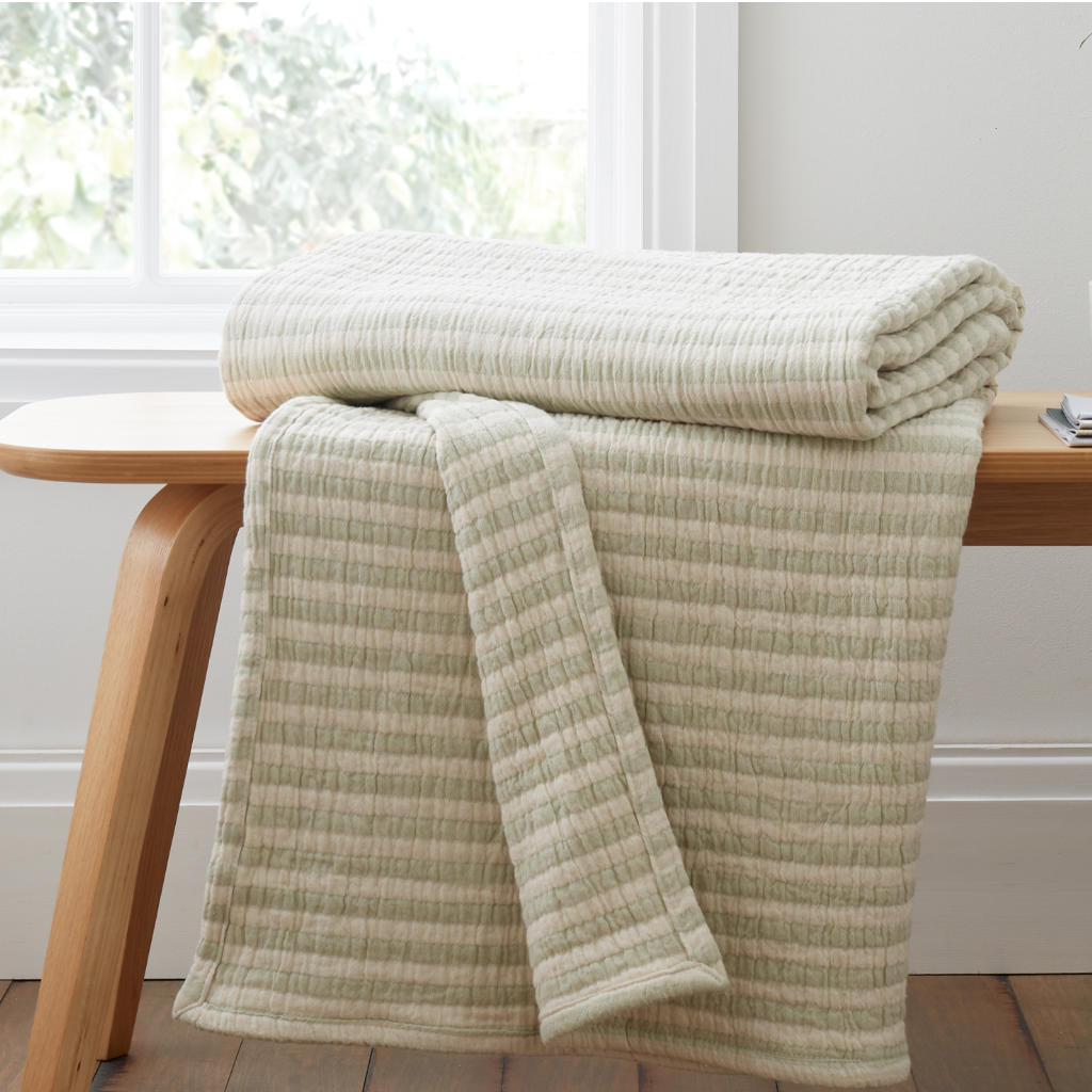 Cotton Muslin Stripe Throw Green Bianca Main Image