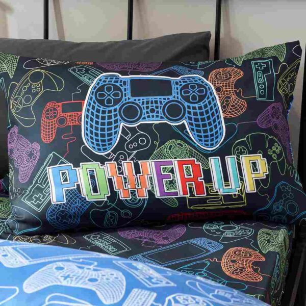 Power up Gamer Black Duvet Cover Set Showing Pillowcases