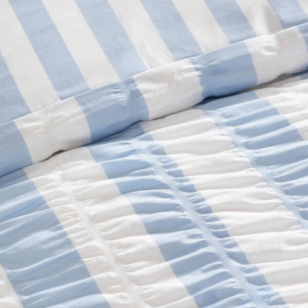 Catherine Lansfield Seersucker Frill Stripe Blue Bedding Close Up Image