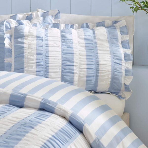 Catherine Lansfield Seersucker Frill Stripe Blue Bedding Showing Pillowcases