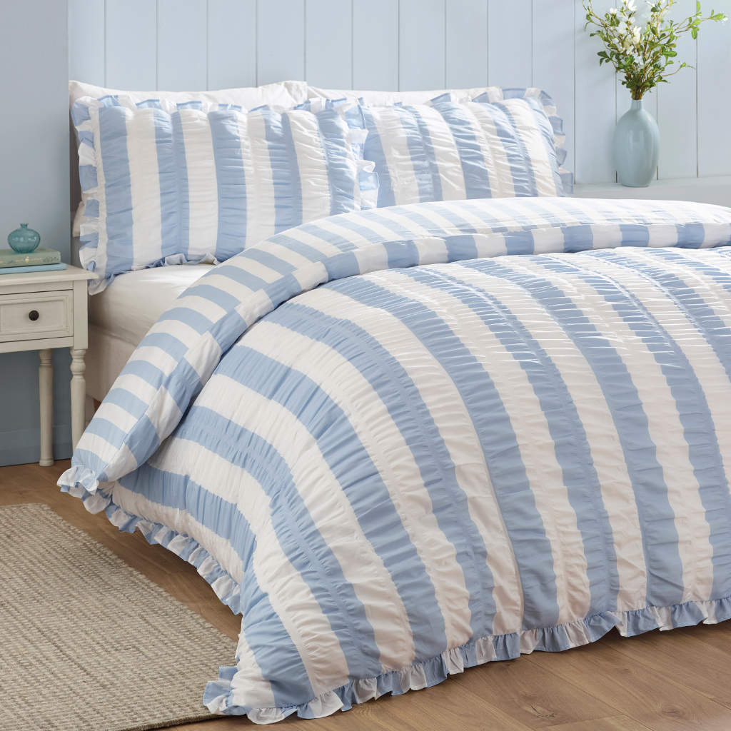 Catherine Lansfield Seersucker Frill Stripe Blue Bedding