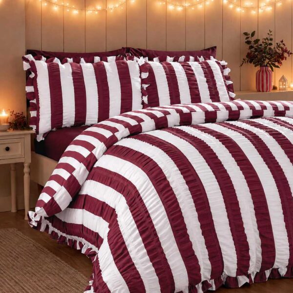 Catherine Lansfield Seersucker Frill Stripe Plum Bedding