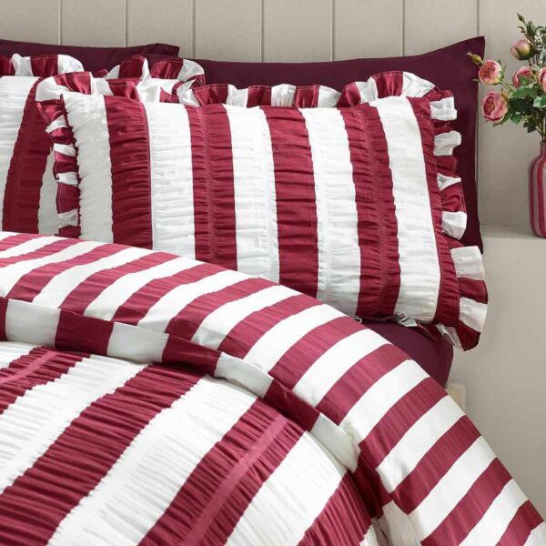 Catherine Lansfield Seersucker Frill Stripe Plum Bedding Showing Pillowcases