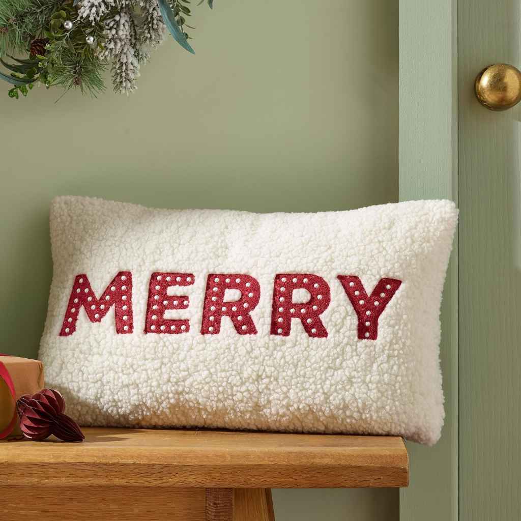 Christmas Boucle Cushion Merry Slogan Lansfield Main Image