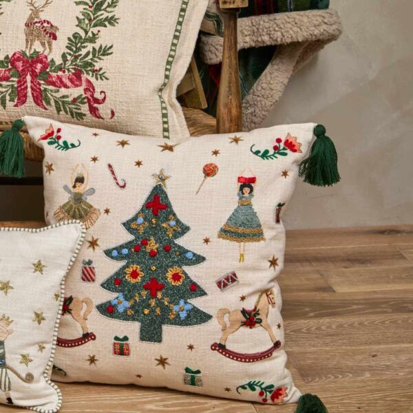 Embroidered Tree & Rocking Horse Christmas Cushion 45cm x 45cm by Walton & Co