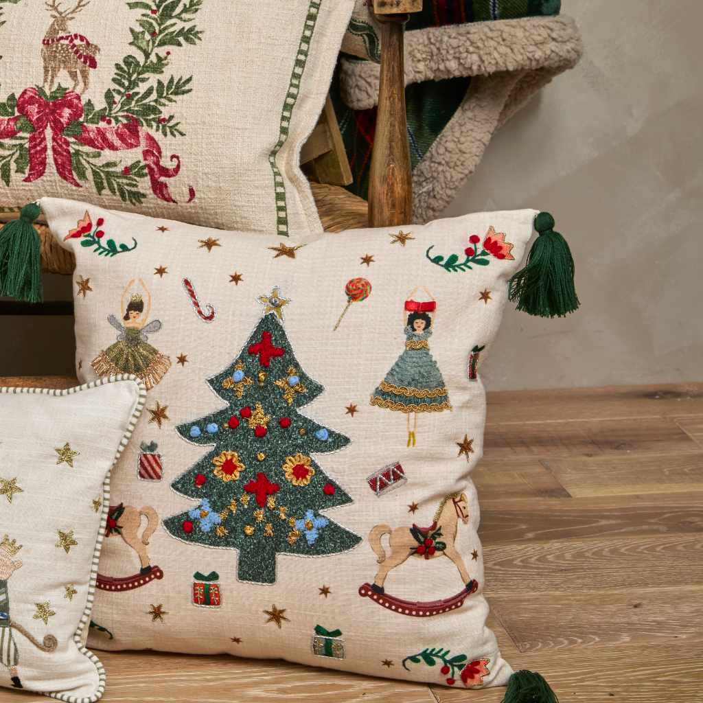 Walton Embroidered Tree and Rocking Horse Cushion Lifestyle Image
