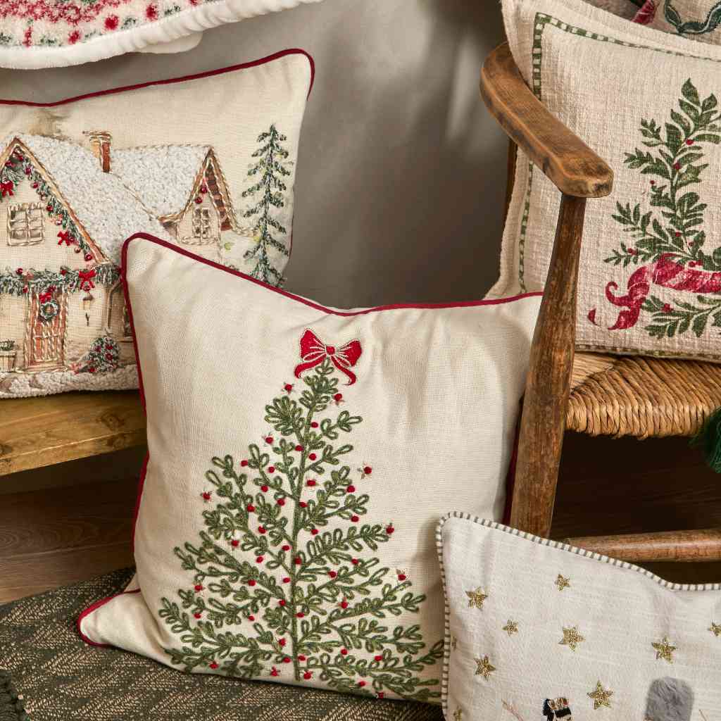 Walton Embroidered Winter Tree and Bow Cushion Lifestyle Image
