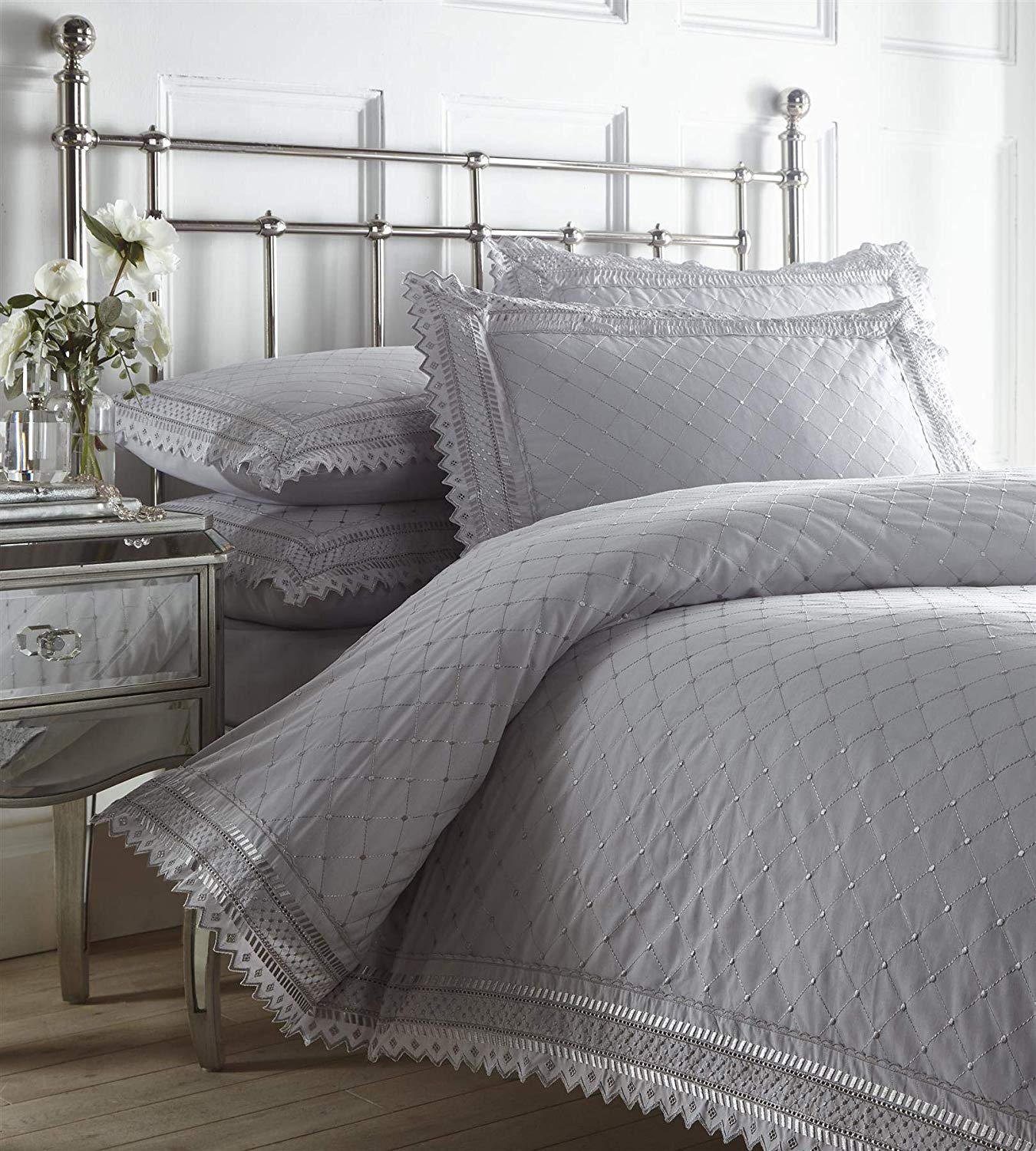 Broiderie Anglaise Grey Duvet Cover Set, Silver Gray Duvet Covers