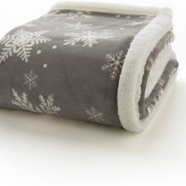 Snowflakes Grey Fleece Throw with Sherpa Reverse by Deyongs