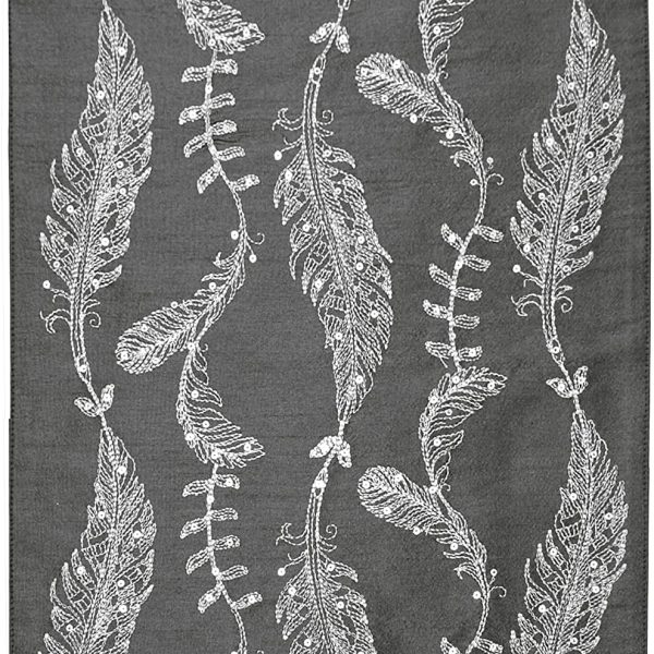 Embroidered Feathers Table Runner Charcoal & Silver by Walton & Co