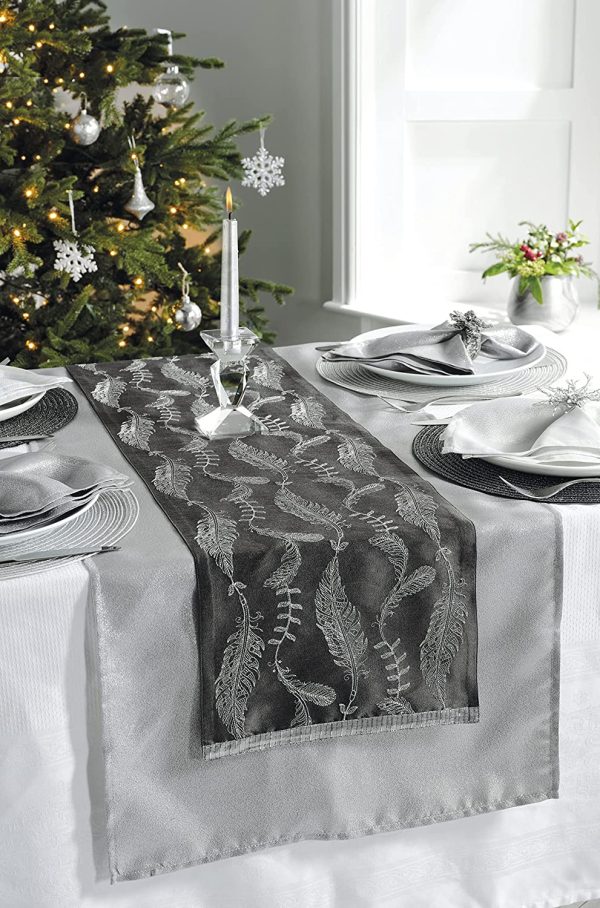 Embroidered Feathers Table Runner Charcoal & Silver by Walton & Co