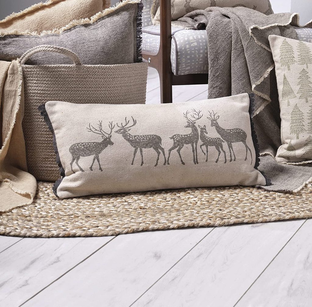 Forest Stag Filled Cushion with Grey Trim 30cm x 60cm by Walton & Co