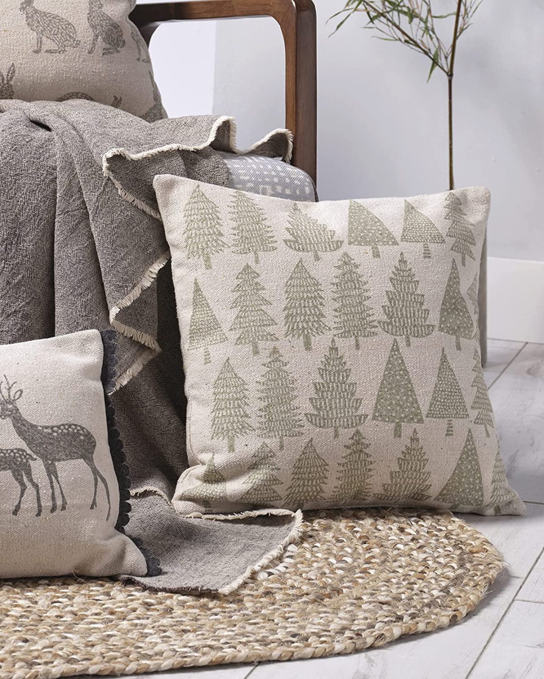 Forest Tree Filled Cushion Natural & Spruce Green 43cm x 43cm by Walton & Co